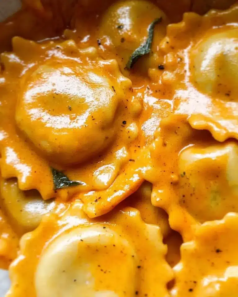 Delicious Pumpkin Ravioli served with sage butter sauce.