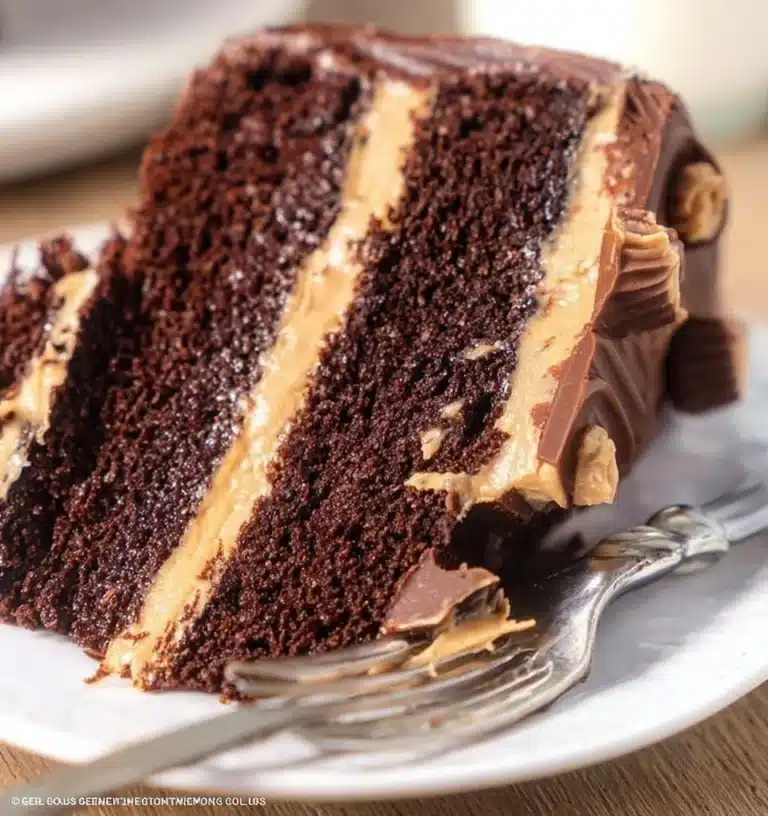 Delicious Reese's Chocolate Cake topped with chocolate and peanut butter frosting