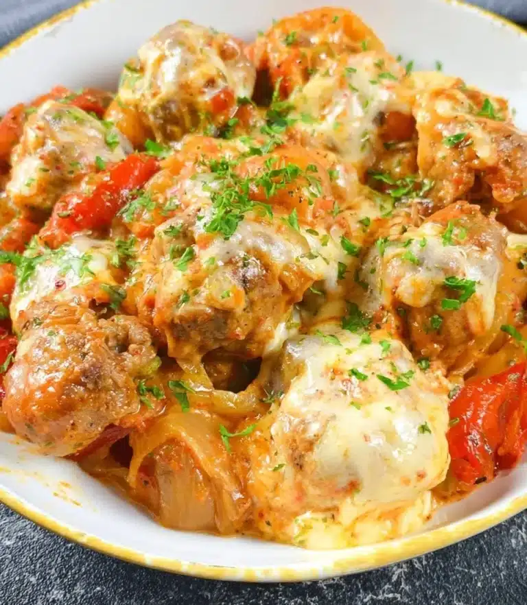 Delicious sausage and peppers dish served with vibrant bell peppers.
