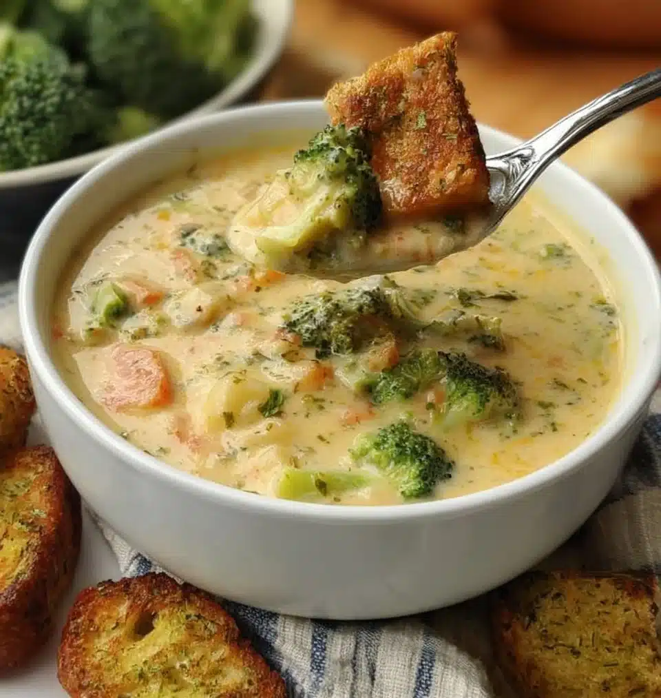 Bowl of creamy Smoked Gouda Broccoli Soup with fresh broccoli florets
