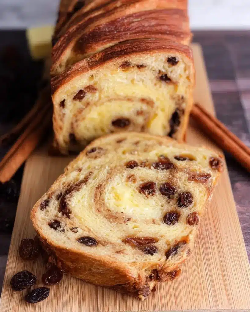 Loaf of sourdough cinnamon raisin bread with slices on a wooden board