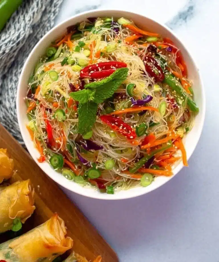 Colorful spring roll salad with fresh vegetables and herbs