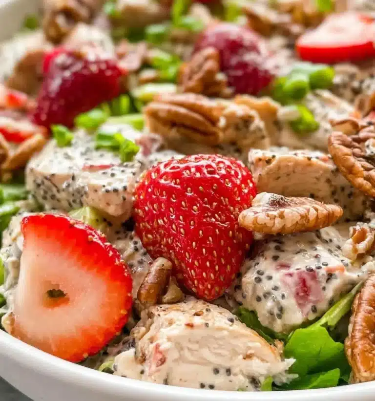 Strawberry Pecan Poppy Seed Chicken Salad with vibrant ingredients and colors