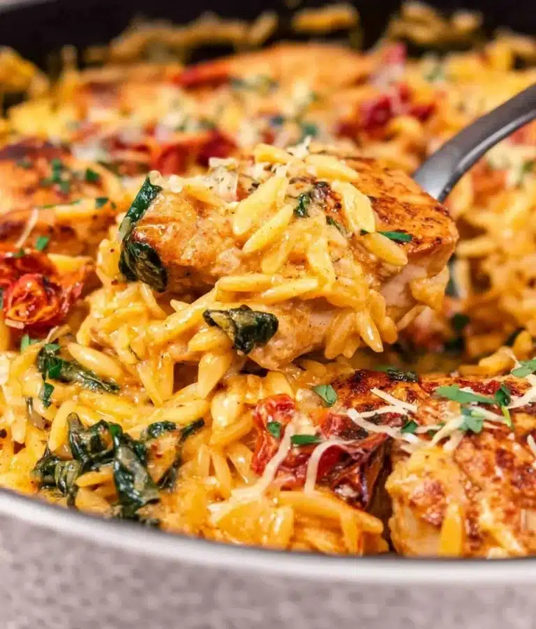 Delicious Sun Dried Tomato Chicken Orzo served in a bowl