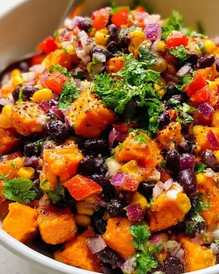 Delicious sweet potato black bean salad garnished with fresh herbs