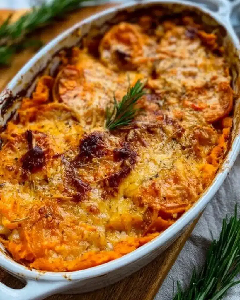 Delicious sweet potato gratin served in a dish, topped with cheese and herbs.