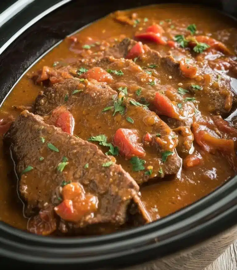 Delicious Swiss Steak served with vegetables and sauce on a plate.
