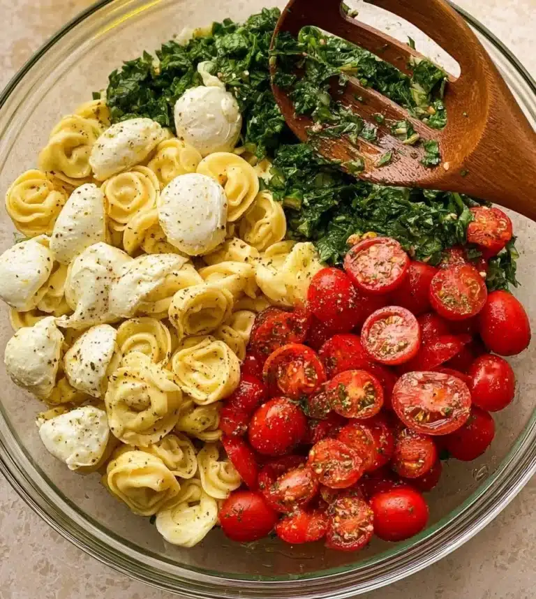Tortellini Caprese Salad with fresh tomatoes, mozzarella, and basil