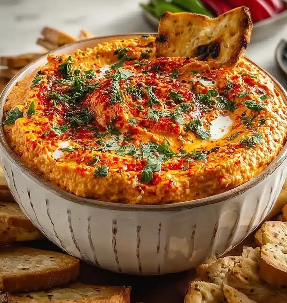 Delicious white bean and roasted red pepper dip served with fresh vegetables