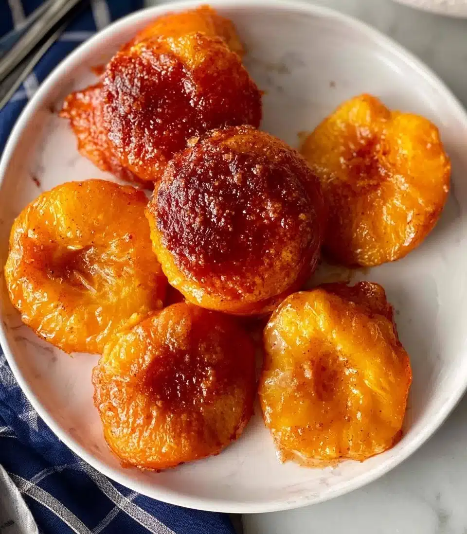 Delicious air fryer peaches garnished with mint leaves on a plate