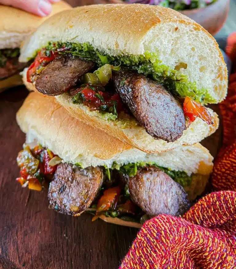 Argentinian Choripán with grilled sausage served on crusty bread.