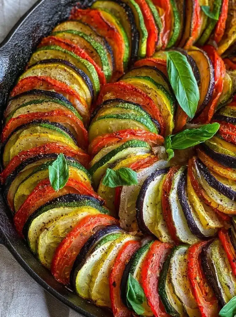 Delicious baked ratatouille featuring colorful vegetables in a ceramic dish