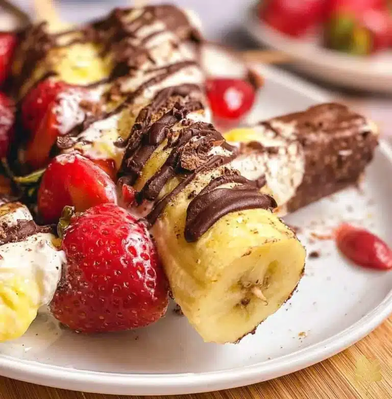 Colorful Banana Split Kabobs with fresh fruit and chocolate drizzle