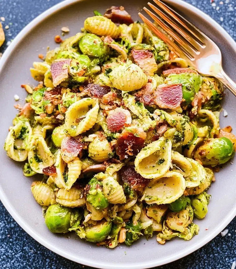 Brussels Sprouts and Bacon Pesto Pasta served in a dish