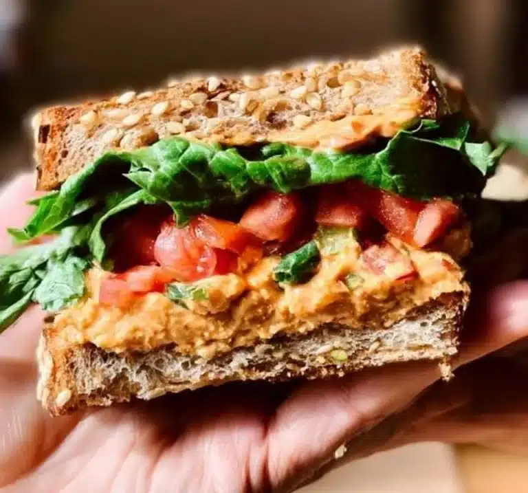 Buffalo Chickpea Salad Sandwich with fresh ingredients and spicy sauce