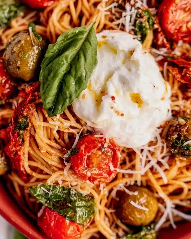 Delicious burrata pasta topped with fresh basil and cherry tomatoes