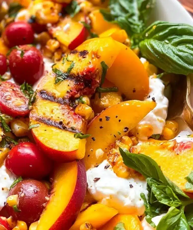 Burrata Peach Salad with fresh peaches and creamy cheese on a plate