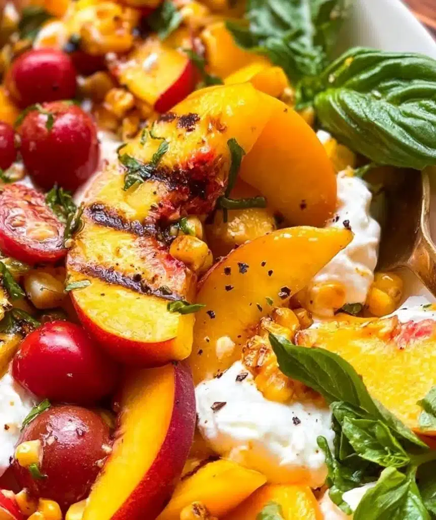 Burrata Peach Salad with fresh peaches and creamy cheese on a plate