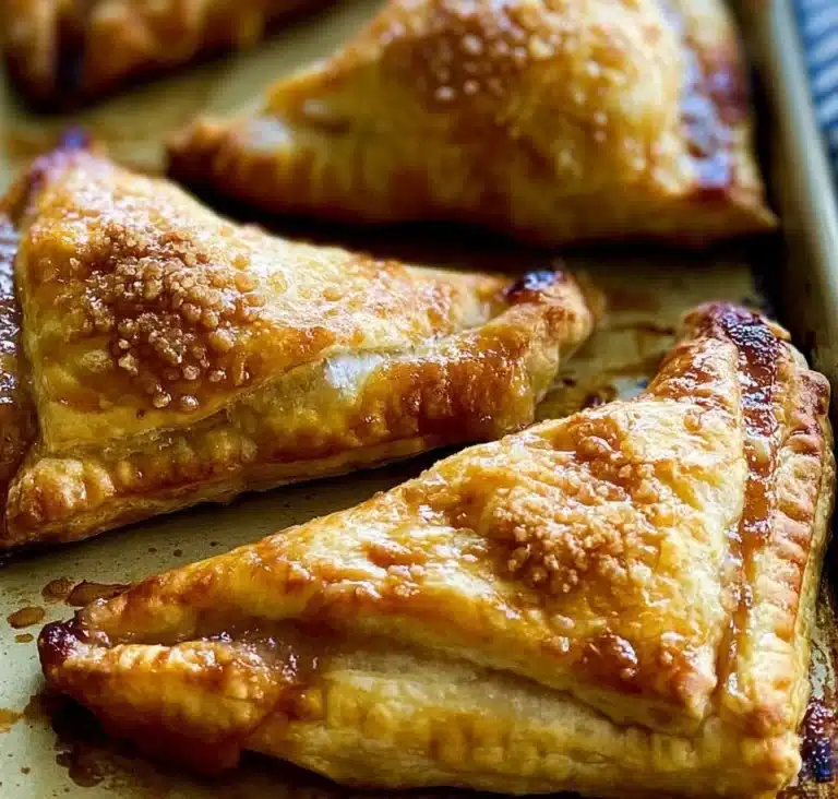 Butterscotch pear turnovers on a plate, showcasing flaky pastry and sweet filling