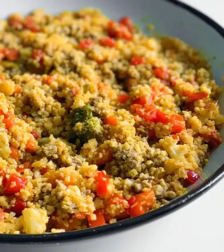 Cauliflower rice served with seasoned ground turkey on a plate