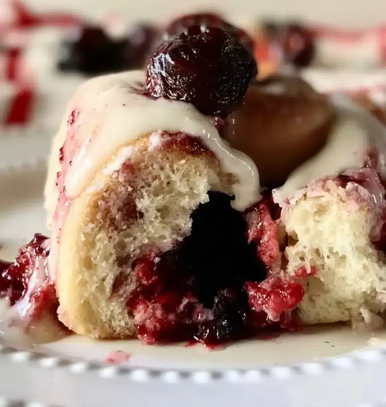 Freshly baked cherry cinnamon rolls topped with icing.