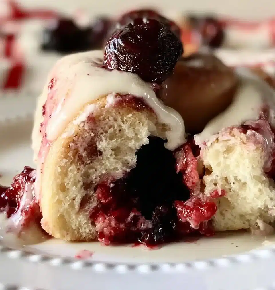 Freshly baked cherry cinnamon rolls topped with icing.