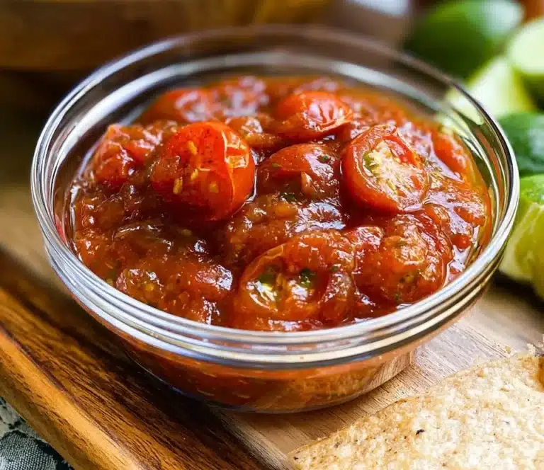 A vibrant bowl of homemade cherry tomato salsa with fresh herbs and spices.