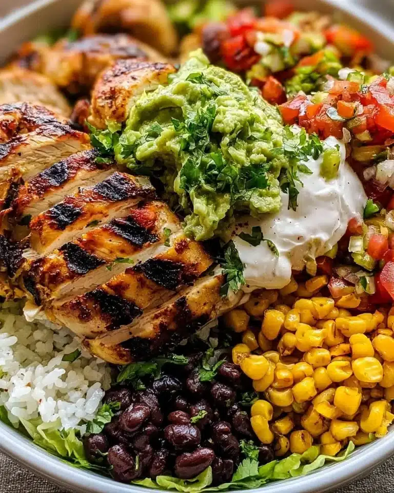 Delicious chicken burrito bowl with fresh ingredients and toppings