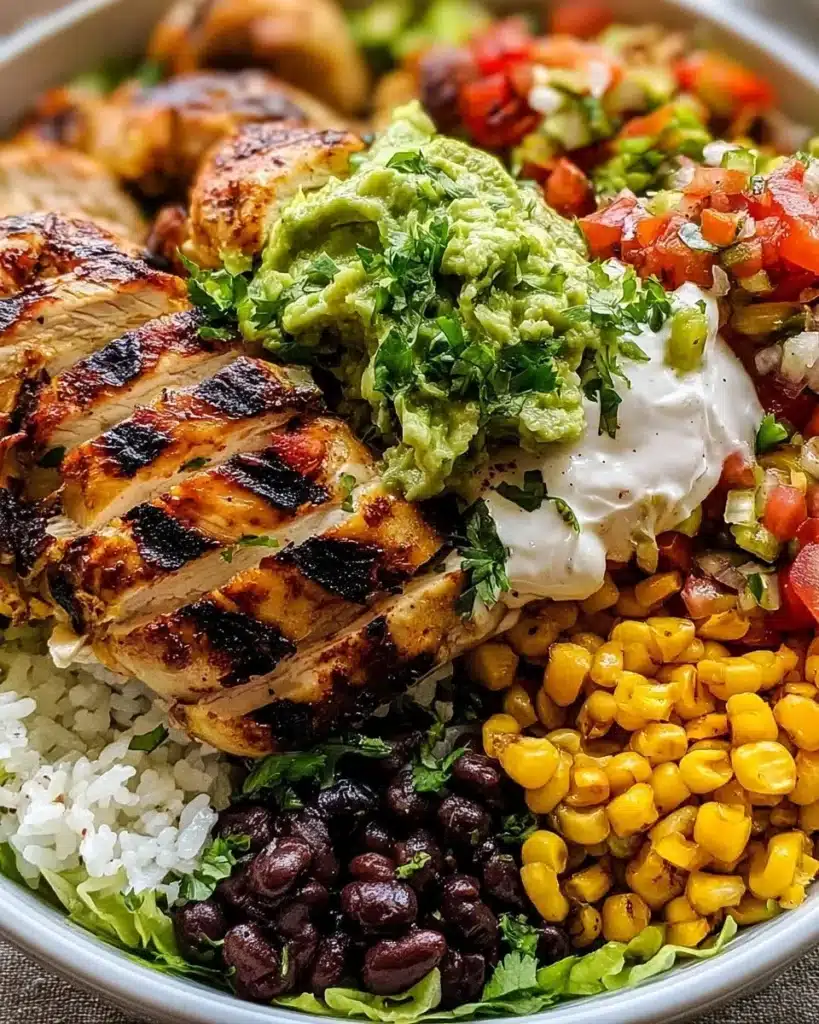 Delicious chicken burrito bowl with fresh ingredients and toppings