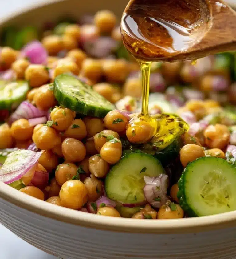 Delicious chickpea cucumber salad with fresh veggies and dressing