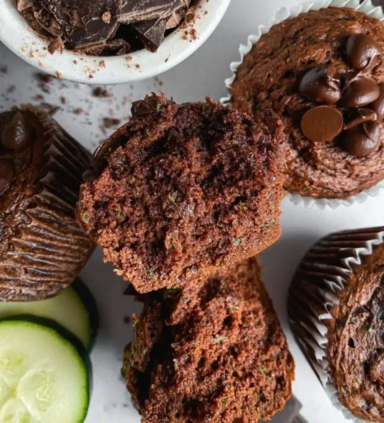 Freshly baked chocolate zucchini muffins topped with chocolate chips