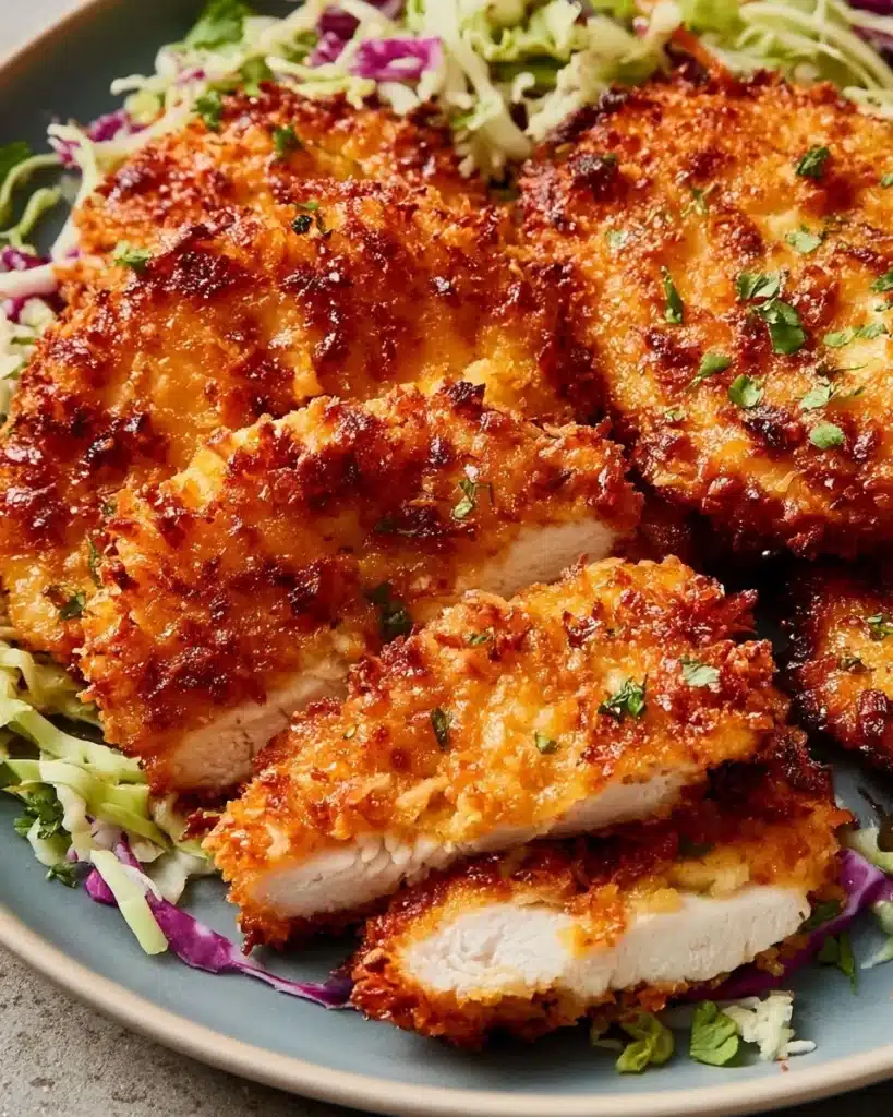 Plate of Coconut Chicken garnished with herbs and served with rice