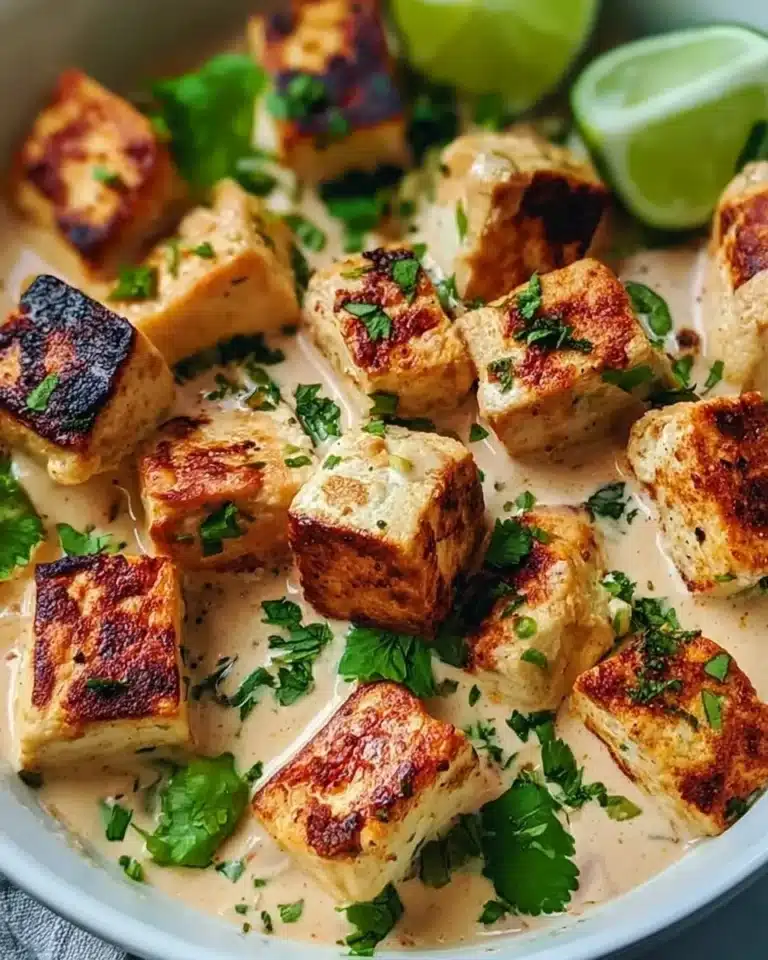 Delicious Coconut Lime Tofu garnished with lime and fresh herbs