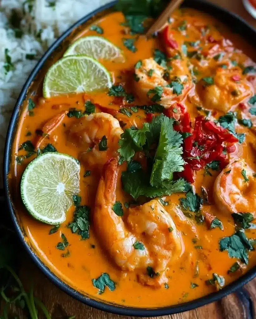 Delicious Coconut Shrimp Curry served with rice and fresh herbs.
