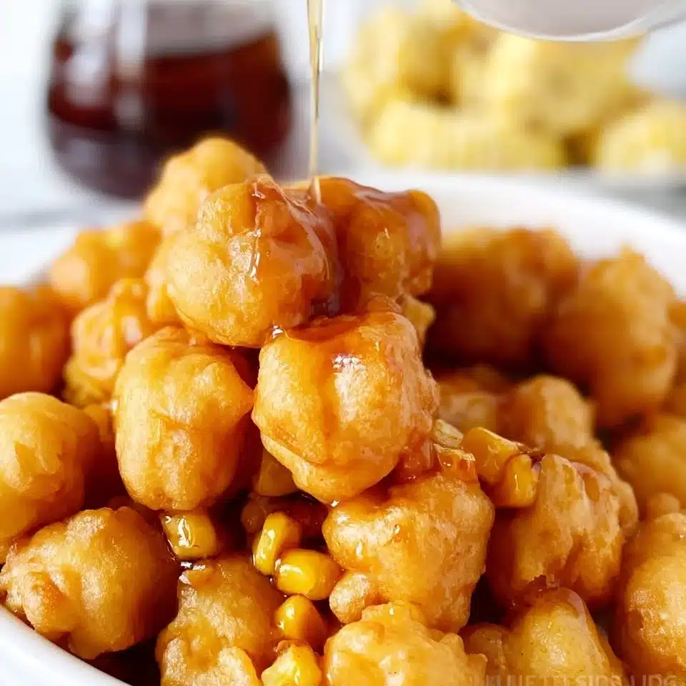 Golden-brown corn fritters served with dipping sauce on a plate