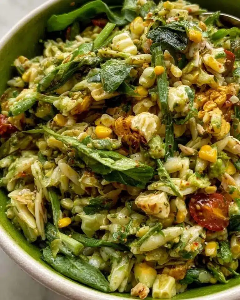 Colorful Corn Orzo Salad with fresh vegetables and herbs