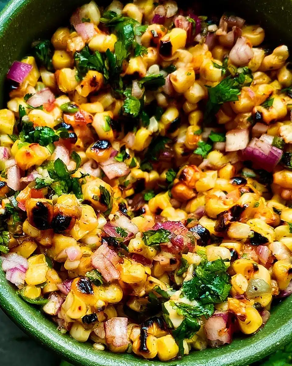 Bowl of colorful corn salsa made with fresh ingredients