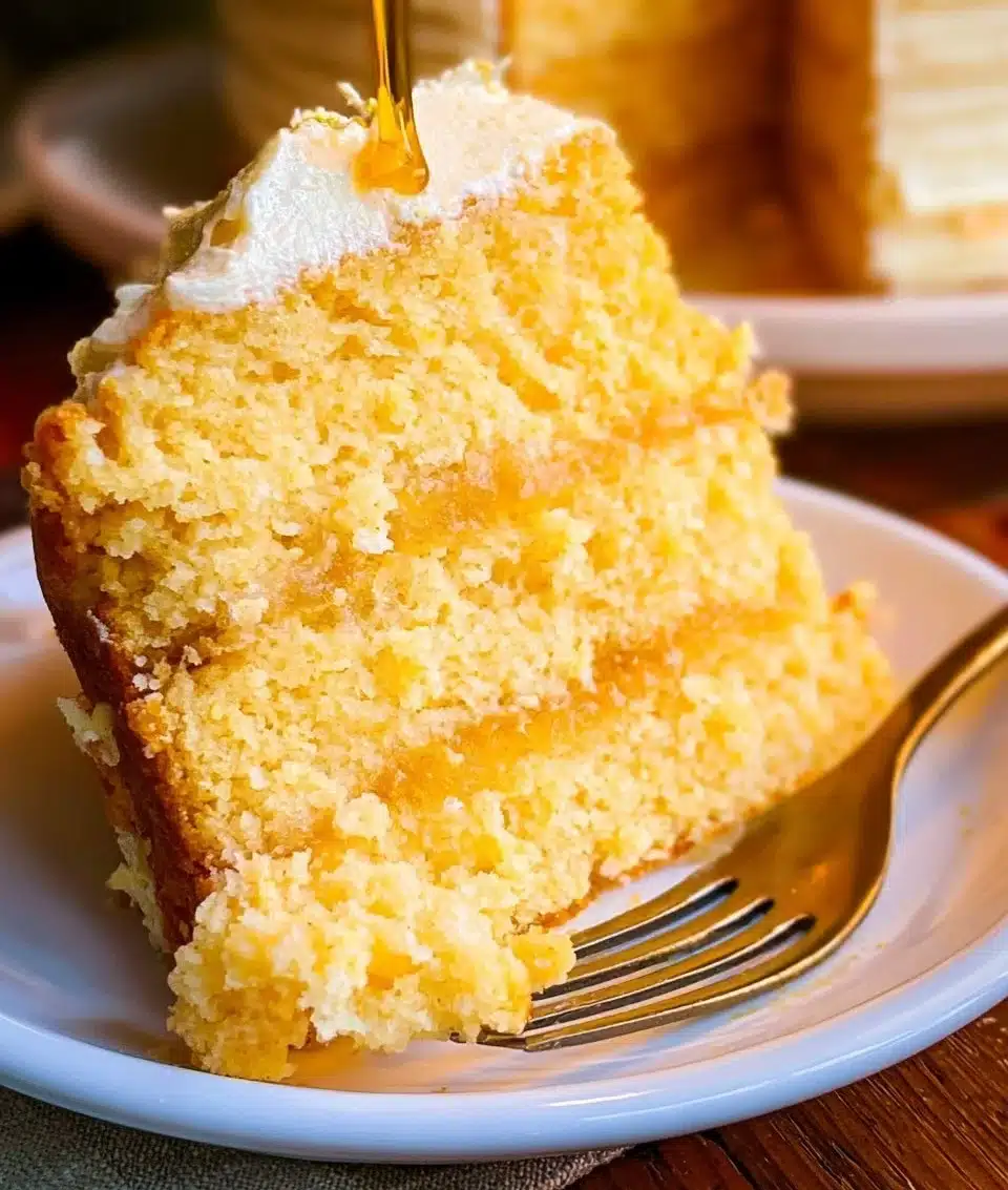Mouthwatering cornbread cake topped with butter and honey, ready to serve.
