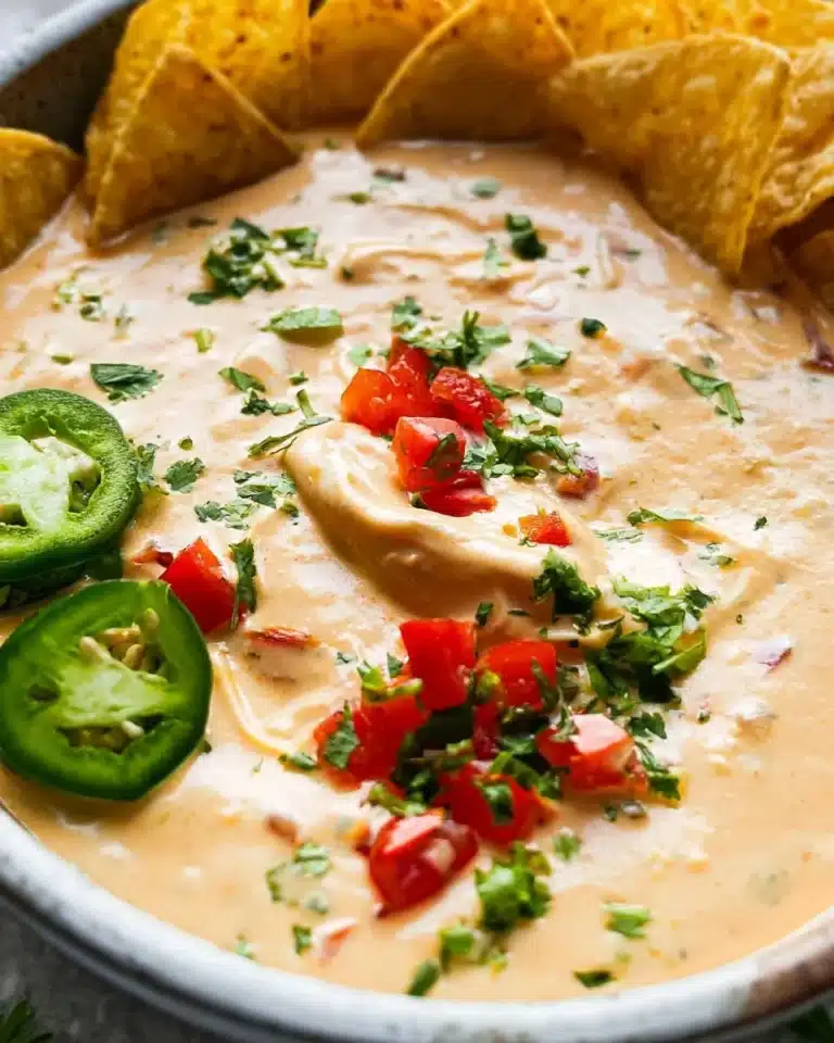 Creamy Cottage Cheese Queso Dip served in a bowl with tortilla chips