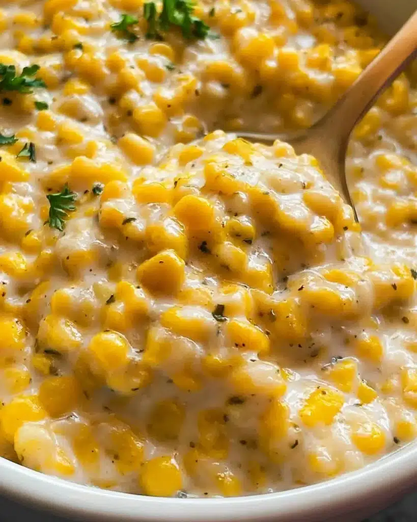 Delicious bowl of homemade creamed corn topped with herbs