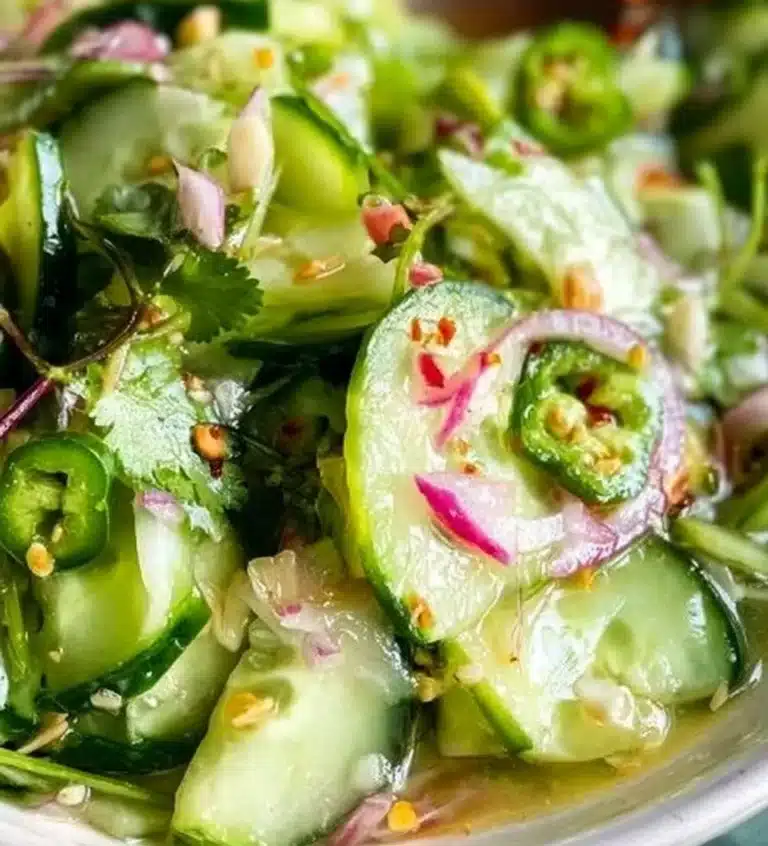 Fresh cucumber salad with herbs and dressing served in a bowl
