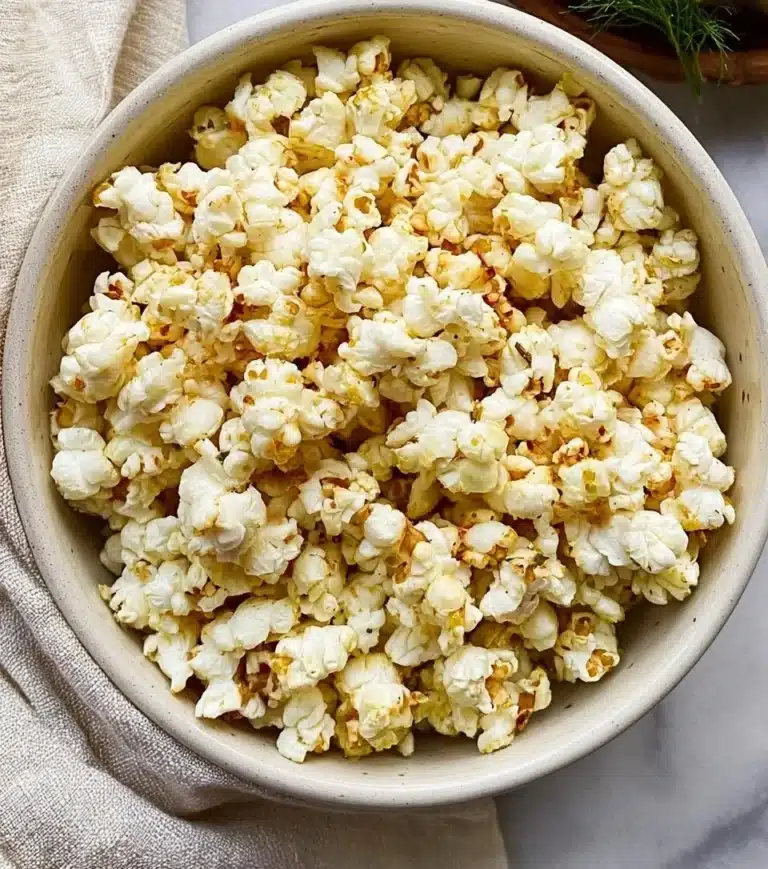 Bowl of dill pickle popcorn, a unique tangy snack for movie nights