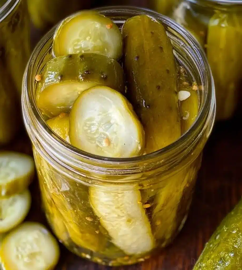 Jar of homemade dill pickles with fresh dill and spices