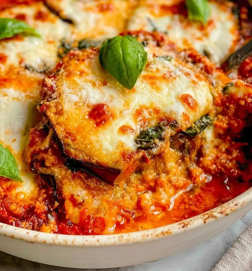 Delicious slice of Eggplant Parmesan with marinara sauce and melted cheese