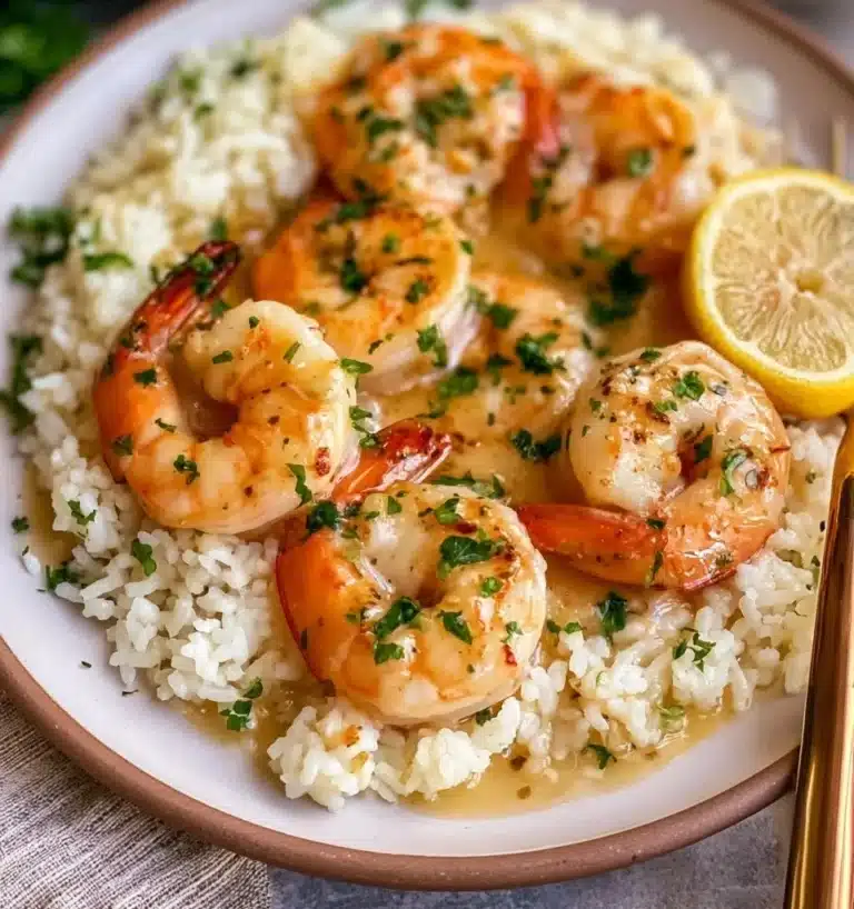 Delicious Garlic Butter Shrimp served with herbs and lemon slices.