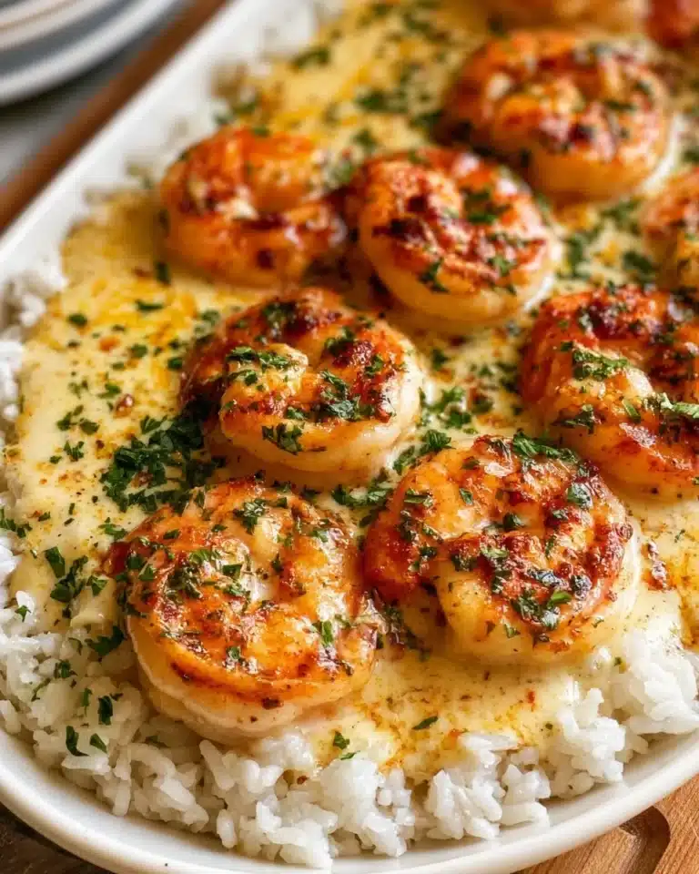 Plate of garlic butter shrimp served over rice with herbs.