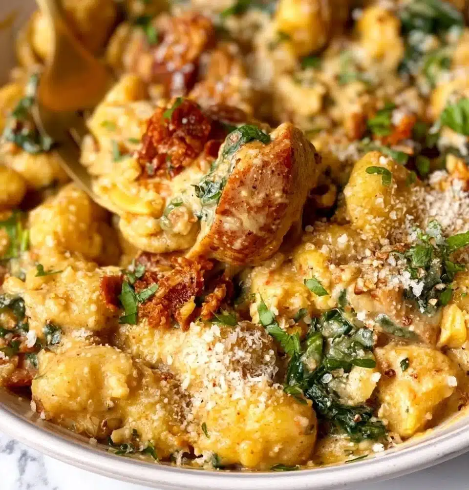 Delicious Garlic Chicken Gnocchi served with creamy sauce and herbs