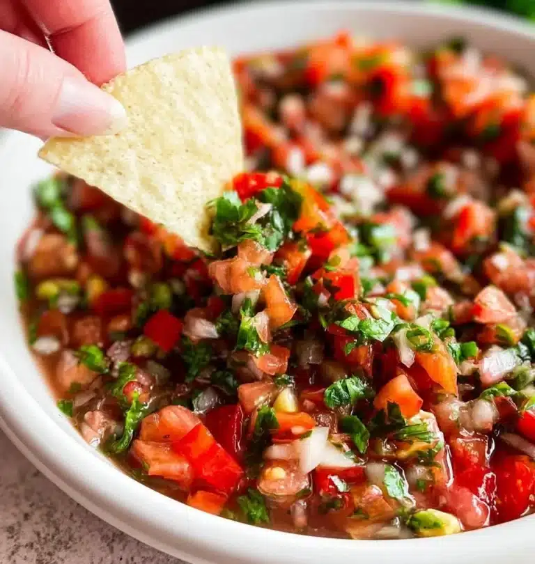 Bowl of fresh homemade salsa with tomatoes, onions, and cilantro