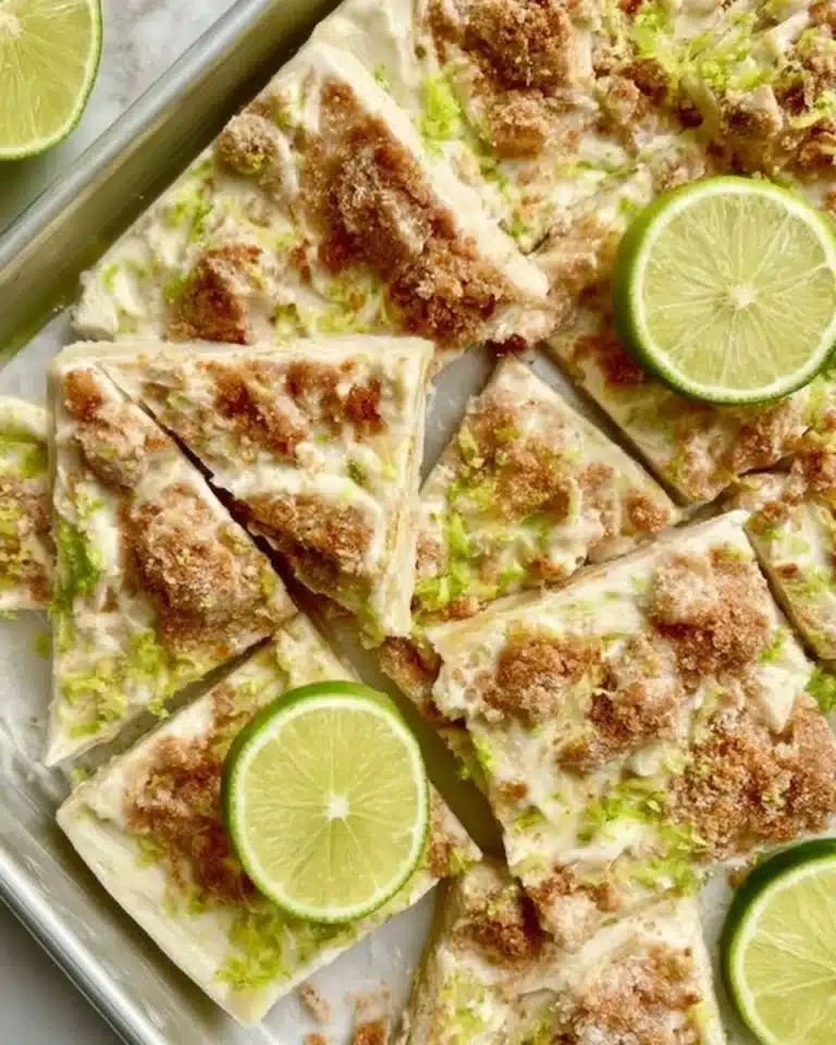 Key Lime Pie Yogurt Bark with lime slices and graham cracker crumbs
