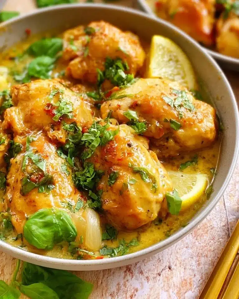 Delicious Lemon Basil Chicken dish garnished with fresh basil and lemon slices